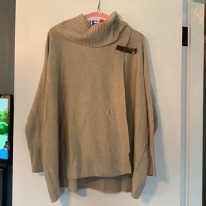 Calvin Klein tan sweater poncho cowl neck leather and gold accent super chic